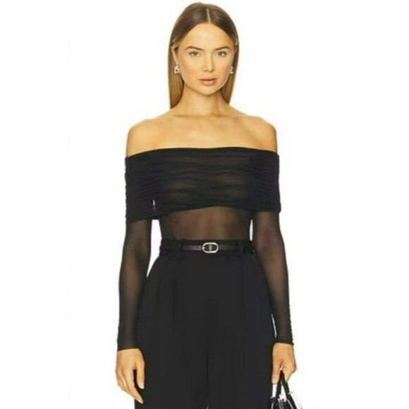 Helsa Tops - HELSA Revolve Black Sheer Knit Off The Shoulder Top Mesh Jersey Long Sleeve